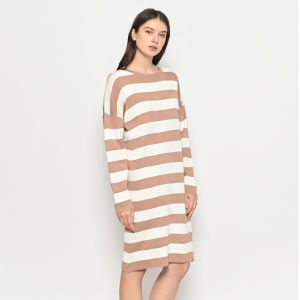 QUEENTIN Korean Dress Wanita 8016 Rajut Knit Stretch Striped Premium Lengan Panjang