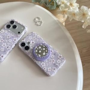 Romance Purple Flower Magnetic Phone Case For iPhone 17 Pro 16 15 14 Pro Max Cover with Magsafe Stand Holder Cute Cases Funda