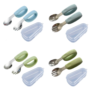 Cho bé ăn muỗng và Bộ Nĩa Thép không gỉ và thoải mái tay cầm Silicone comfortabel sử dụng thường nhật cho 6 tháng +