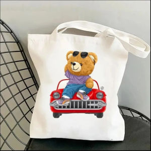 Harajuku Cute Bear Art Shoulder Bags Kawaii Fashion Tote Handbag Canvas Girl Environmental Large Capacity Portable Shopping Bag GWJR