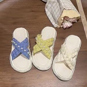2025 New Platform Thick-Soled Dissolving Shoes Beach Sandals Ins Pearl Sandals For Women For Outdoor Wear