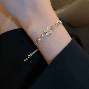 Fashion Delicate Four Leaf Grass Gold Color Bracelets For Women Adjustable Wedding Jewelry Party Gifts