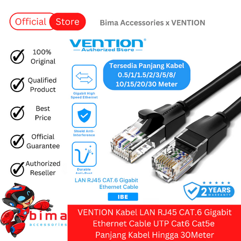 VENTION Kabel LAN RJ45 Cat.6 Cat.5e Gigabit UTP Patch Ethernet Cable Panjang Hingga 15 Meter Hitam