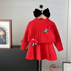 Bear Leader Baby Clothes Set Girls 3D Lollipop Flower Long Sleeves Knitted Top and Solid Color Skirt 2 Pieces Christmas Suits for Kids Clothing Knitting Outfits 2-6 Years