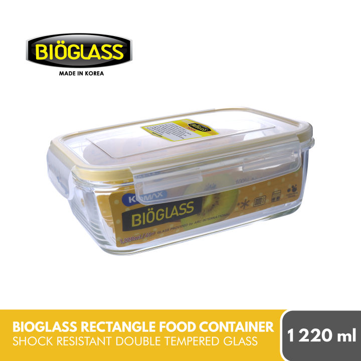 Komax Bioglass Rectangular Food Keeper 1220ml Tempered Glass Airtight And Liquid Tight Bpa