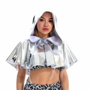 NALANILI Cosplay Áo choàng ngắn có mũ Da PU sáng bóng Đảo Carnival Chất lượng Trang phục Halloween Áo choàng tử thần Tiệc Halloween