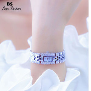 BS Bee Sister นาฬิกาแฟชั่นสำหรับผู้หญิง1670นาฬิกาควอตซ์ทรงเหลี่ยมสายสแตนเลสสตีลลำลองหรูหรากันน้ำประดับเพชรพลอยเทียม