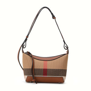 Aidrani wanita bergaya beg kotak-kotak diperbuat daripada bahan kanvas dan kulit lembu karamel berwarna ketiak beg sandang