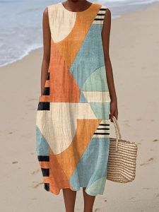 Trendy color-blocked sleeveless midi dress Casual loose-fitting cotton and linen beachwear for women – wholesale supply