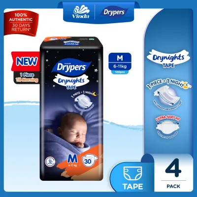 Drypers Drynights Tape Baby Diapers M30s / L30s (4 Packs) - Overnight Protection