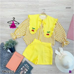 ฺB22335 set 2 ชิ้น เสื้อลายริ้วปกใหญ่ ติดอะไหล่ + กางเกงขาสั้น2-piece set: striped shirt with large collar and accessories + shorts