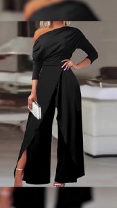 2023 HOT YYR-- Skew Collar Long Sleeve Waist Tight Solid Color Women Jumpsuit Elegant Off Shoulder Wide Leg Party Jumpsuit