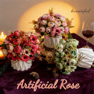Artificial Silk Flowers Set Ceramic Hemp Rope Vase Artificial Potted Plant Valentines Day Gifts