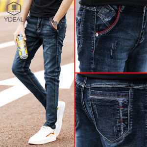 Men Jeans New Mens Korean Version Spring Autumn Stretch Slim Casual Middle-Waisted Jeans Elastic Denim Trousers Stretchable Pants for Men