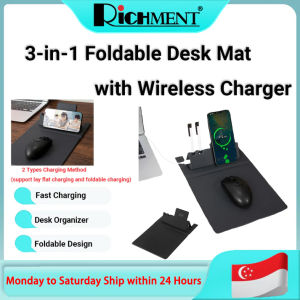 RICHMENT 3-in-1 Portable Foldable Wireless Charging Mouse Pad PU Leather Desk Organizer with Phone Holder Pen Slot & Non-Slip Base for Office School Travel