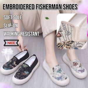 Womens Soft Sole Slip-on Loafers Embroidered Fisherman Shoes Summer Walking Resistant Loafers Casual Canvas Shoes