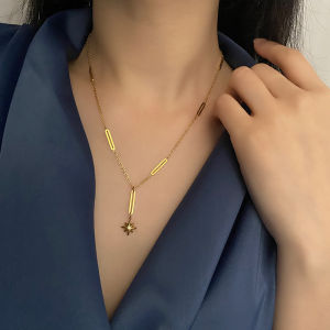 good 999 18K Gold Titanium Steel Six Star Zircon Spliced Tassel Design Necklace N8339