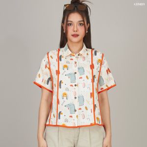 AT Hue เสื้อเชิ้ต อก 44" ยาว 22 " ผ้าลินินแท้ แต่งตะเข็บ เสื้อเชิ้ต เสื้อคอปก แขนสั้น แบรนด์ ATIMITI 5th Jan สื้อผ้าลินิน แท้ 100% เส้นใยธรรมชาติ พิมพ์ลาย เสื้องานพรีเมี่ยมขึ้นห้าง เสื้อสาวอวบ เสื้อเชิ้ต เสื้อลินิน ร้าน KATY WOW