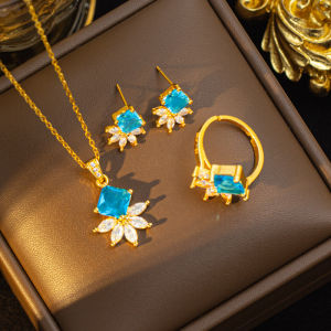 Fashion necklace pendant - Luxury and exclusive small-scale collar chain accessory 日韩新款铜镶锆蓝锆项链女耳钉戒指小众设计高级感时尚毛衣链饰品
