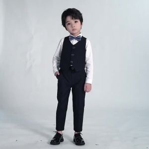 เด็กวัยหัดเดินเด็กสูทงานแต่งงาน ทางการสวมใส่แขนยาวสีดำน้ำเงินชุดทักซิโด้เด็กเสื้อแจ็คเก็ตเสื้อกั๊กกางเกงชุดเสื้อผ้าวันเกิด