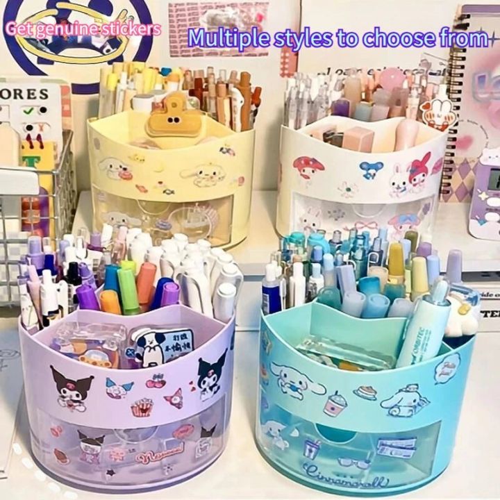 Cute Rotating Pen Holder Storage Box Desk Organizer & Kawaii Sanrio Cinnamoroll Stickers Cute Stationery Storage Girls