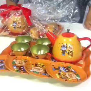 FCKiddoZone Metal Simulated Teapot Teacup Set Cartoon Pattern Afternoon Tea Tinplate Toys Pretend Play Toys For Girls Kids Toys
