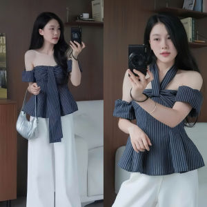 Set đồ du lịch hè đồ nữ xinh set áo Linen sọc dây ngực tay rời có mút kèm quần dài Tuyết Mưa