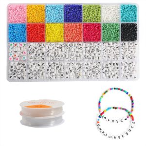 5000Pcs/Box 4x7mm Acrylic Flat Round Letter Beads + 3mm Czech Seed Glass Beads Kit Set with Beading Cord For Jewelry Making DIY Friendship Bracelet Necklace