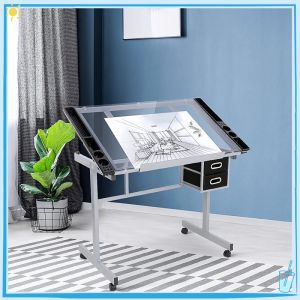 Lamp，Drafting glass table with extra side table drawers and leather padded stool adjustable dra