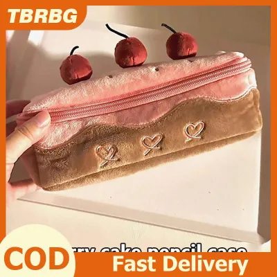 TBRBG กล่องดินสอรูปเค้กเชอร์รี่กำมะหยี่ขนน่ารักความจุสูงกระเป๋าเครื่องสำอางกระเป๋านักเรียนกระเป๋าใส่เครื่องเขียน