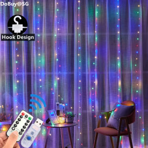 🔥SG LOCAL STOCK🔥3m x 3m Curtain Lights/Drop down fairy lights/USB operated/Waterproof/Remote control/8 modes/300 LEDs/Christmas Lights/Birthday/Wedding/Home decoration/Anniversary