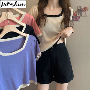LuFashion crop tops for women Square Neck knit Summer Short Sleeve Casual T-Shirts