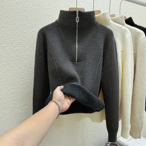 Half-Zip Integrated Fleece Warm Sweater for Women New Winter Thickened Knitted Pullover with Stand Collar sweaters