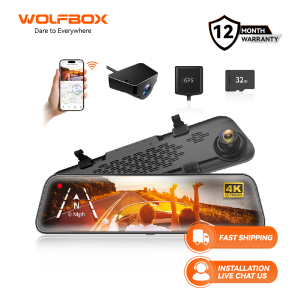WOLFBOX G840S 12" 4K Mirror Dash Cam Backup Camera 2160P Full HD Smart Rearview Mirror for Cars & Trucks Front and Rear View Dual Cameras Night Vision Parking Assistance Included 32GB Card & GPS