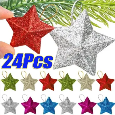 24Pcs Glitter Mini Star Christmas Ornament Colorful Christmas Tree Hanging Star Pendant Xmas Pentagram Hanging Decor New Year Party Home Decoration Supplies