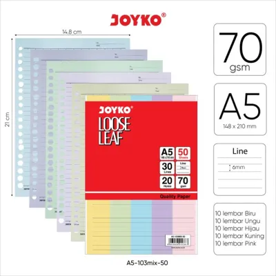 NA Joyko Loose Leaf Color A5 B5 / Refill Kertas Binder 50 Lembar / Isi Kertas File Binder Warna