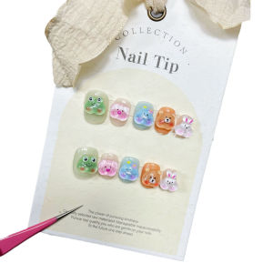 100% HANDMADE Short Round Fake Nail With Glue Short Candy Color Cartoon Frog丨Rabbit丨Bear Acrylic Press on Artificial Fake nails Reusable and Removable Nails