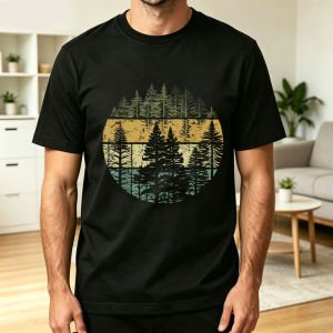 Ins Wilderness Camping Street T Shirt Men Vintage Striped Circle Pine Forest Outdoor Nature Graphic Everyday Casual Tee