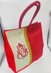 Eco-Friendly Traditional Jute Lunch Bag with Ganesha Durga & Kamadhenu Prints | Reusable Tote for Gifting Grocery & Daily Use – 1 Pc (Available in 9x8 & 10x10 Inches)