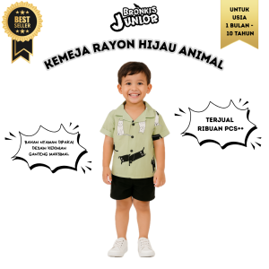 Bronkis Junior Kemeja Anak Laki Laki  Lengan Pendek Premium Rayon Fullprint Warna Hijau Motif Animal Kartun