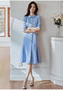 HOÀN TIỀN 15% - Đầm xanh nhạt trơn cổ sơ mi tay lửng