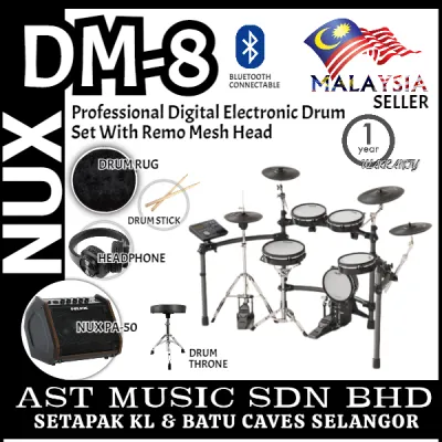 NUX DM-8 5 Piece Professional Digital Electronic Drum Set With Remo Mesh Head / DM8 / DM 8 with PA-50