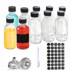 12Pc 2 Oz Small Clear Glass Bottles with Lids & 2 Funnels - 60Ml Bottles for Juice Ginger  Whiskey