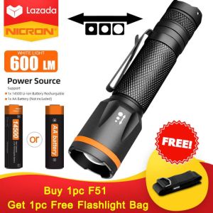 NICRON ไฟฉาย LED F51 เชื้อเพลิงคู่ 7W 600 ลูเมนโฟกัสไฟ LED 3 โหมดไฟฉายไฟฉายกันน้ำสำหรับ Out door EDC F51