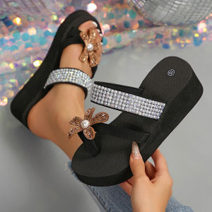 [Free Shipping] Stunningly beautiful sparkling runway queen rhinestone floral 2025 summer new Korean style slip-on ladies sandals