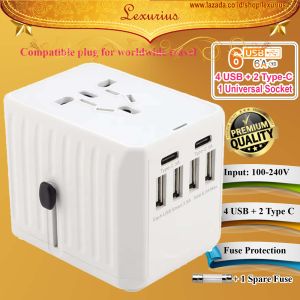 Travel Adapter Universal 3 in 1 Socket Converter & Fast Charger USB-A + USB-C / Type-C International wall plug colokan steker quick charging US EU AU UK w/ safety fuse protection