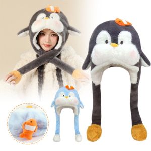 ALLLUCK Plush Penguin Ear Moving Hat Cartoon Thickened Ear Protection Cap Creative Windproof Winter Balaclava Hat for Women