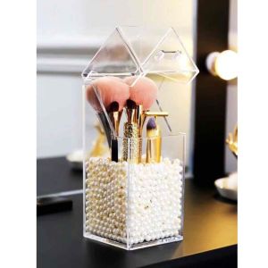 Transparent Acrylic Makeup Brush Cosmetic Storage Box Makeup Brush Holder Dust Proof with Pearl Cosmetic Storage Box