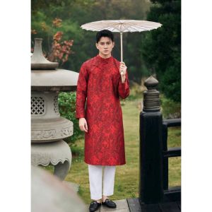 Áo dài cách tân Nam - chất liệu tafta vân gỗ hoạ tiết xẻ tà cách điệu màu xanh ngọc - Áo dài Thiết Kế Linh Sơn