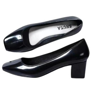 SHUTA Womens Affordable Black Slip-on Loafers – 5CM Glossy Stylish Square Toe Non-slip & Waterproof Student Shoes